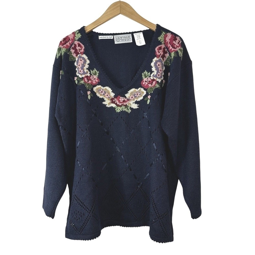 Vintage Jantzen Hand Embroidered Floral Sweater Womens‎ 1X Blue Cottage Grandma